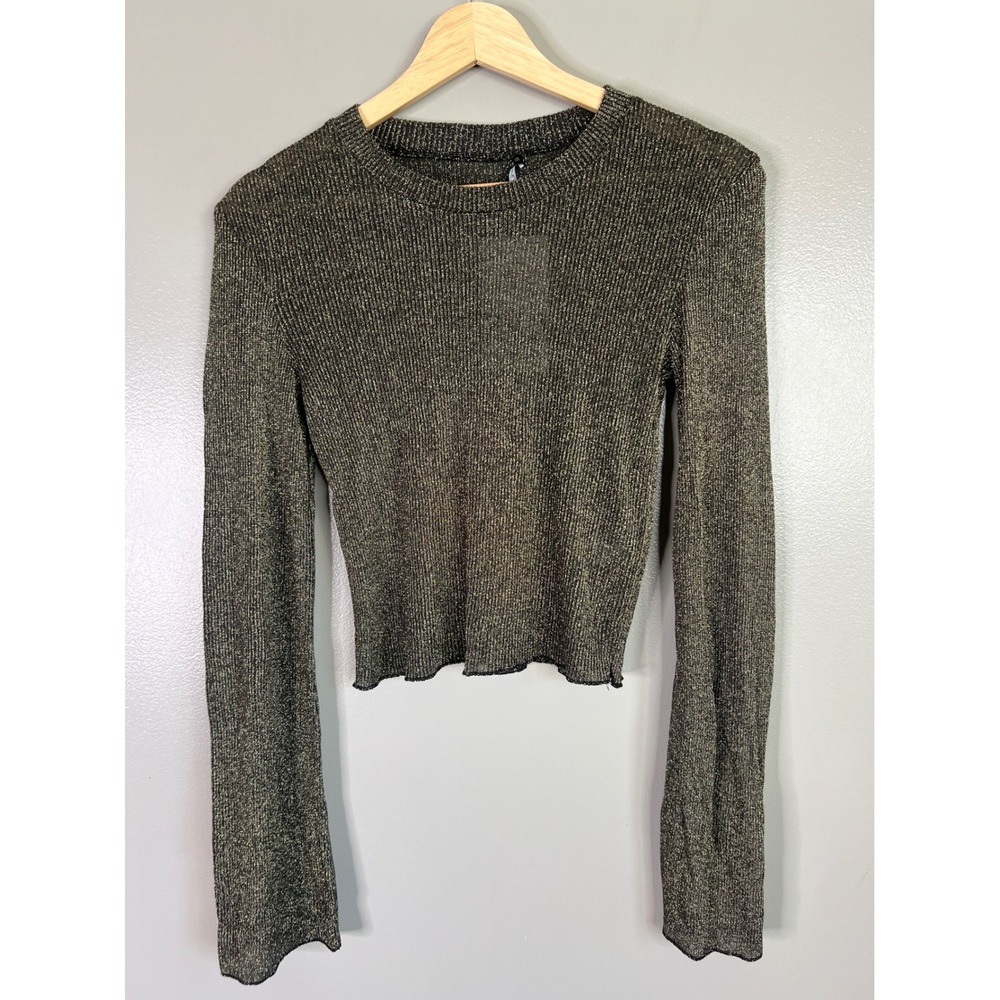 Zara  Metallic Gold Ribbed Knit Crop Top Long Sleeve Lettuce Edge holiday party